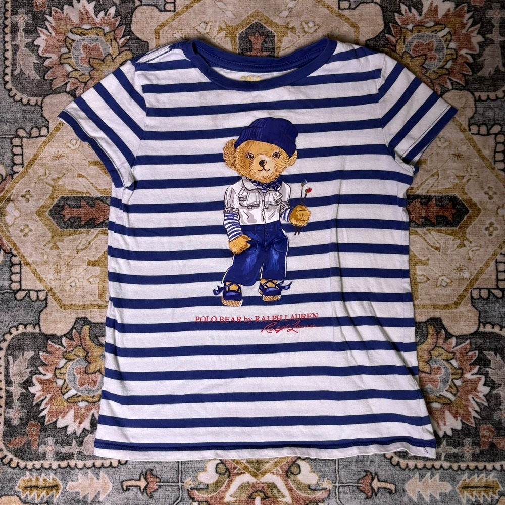 Polo Ralph Lauren Girls Polo Bear Striped T-Shirt Navy White Artist Bear Tee